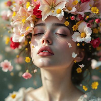 The primary subject of the image is a woman with a flower crown on her head. She is wearing a white dress and appears to be sleeping or resting. The setting is a garden, with flowers surrounding her. The visual style is a digital art, and the colors and mood are serene and peaceful.
